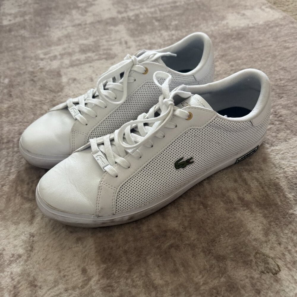 Lacoste White Leather Sneakers | Gold Details | Perforated Sides | Men’s US 12